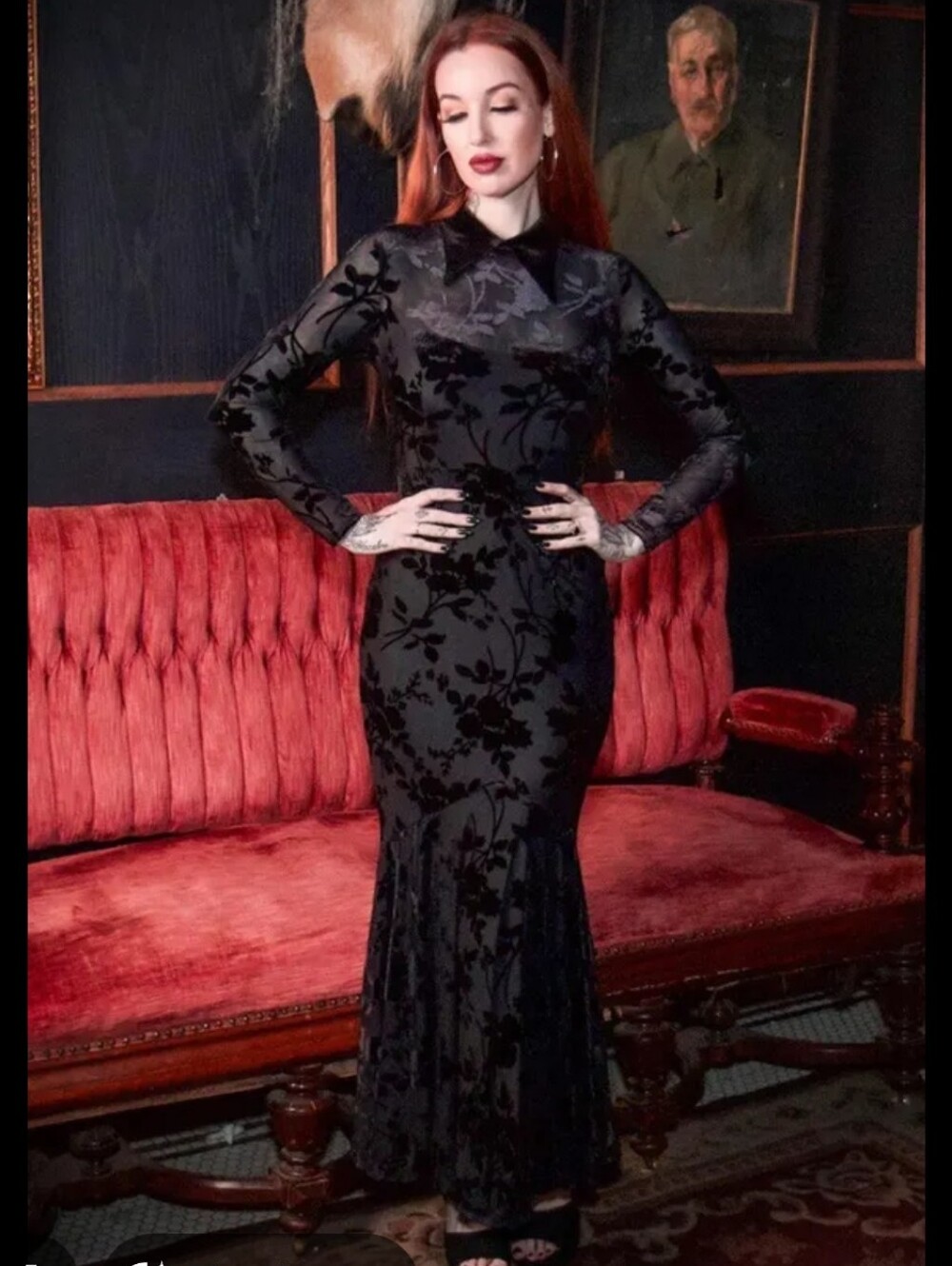 Witchwood Ophelia Velvet Flocked Lace Up Maxi Mermaid Dress in black floral Goth